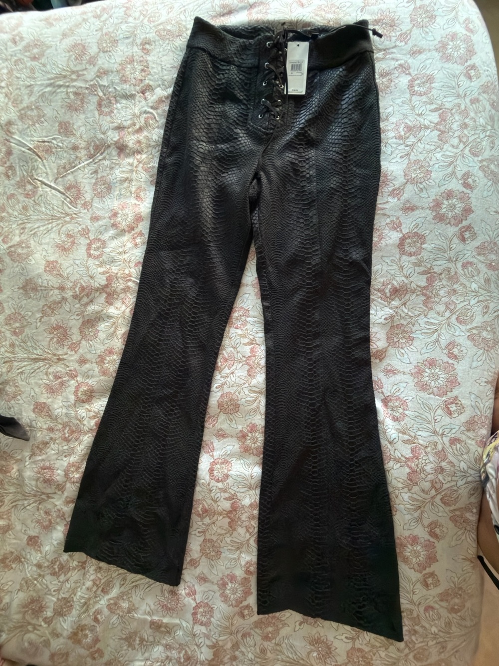 Guess Black Lace-Up Snakeskin-Texture Bootcut Pants